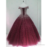 Gorgeous Sparkle Burgundy Off Shoulder Sweet 16 Gown, Burgundy Prom Dress
